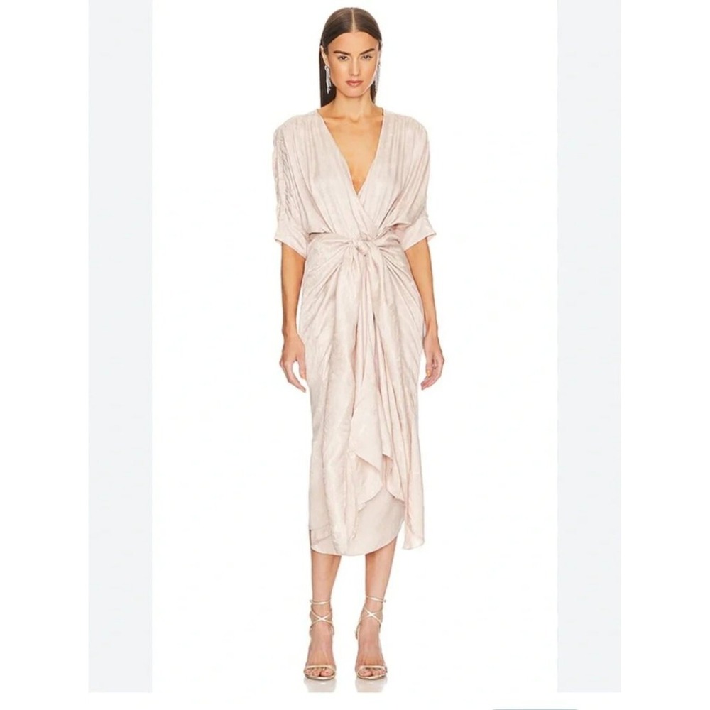 Callahan‎ Knitwear Champagne Blush Jacquard Knot Front V-Neck Midi Dress Medium
